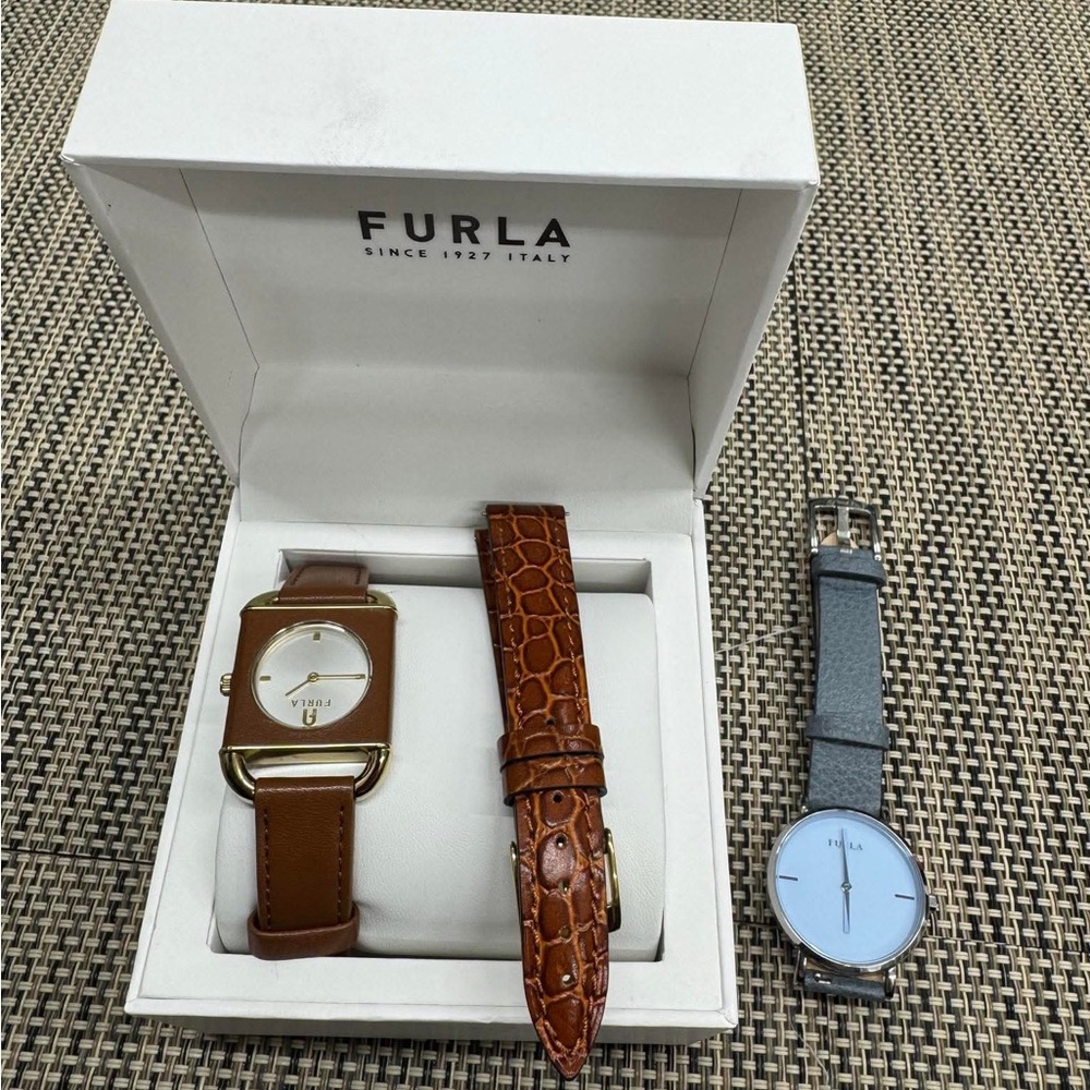 Furla Brown and Gray Watch Set with Leather Strap